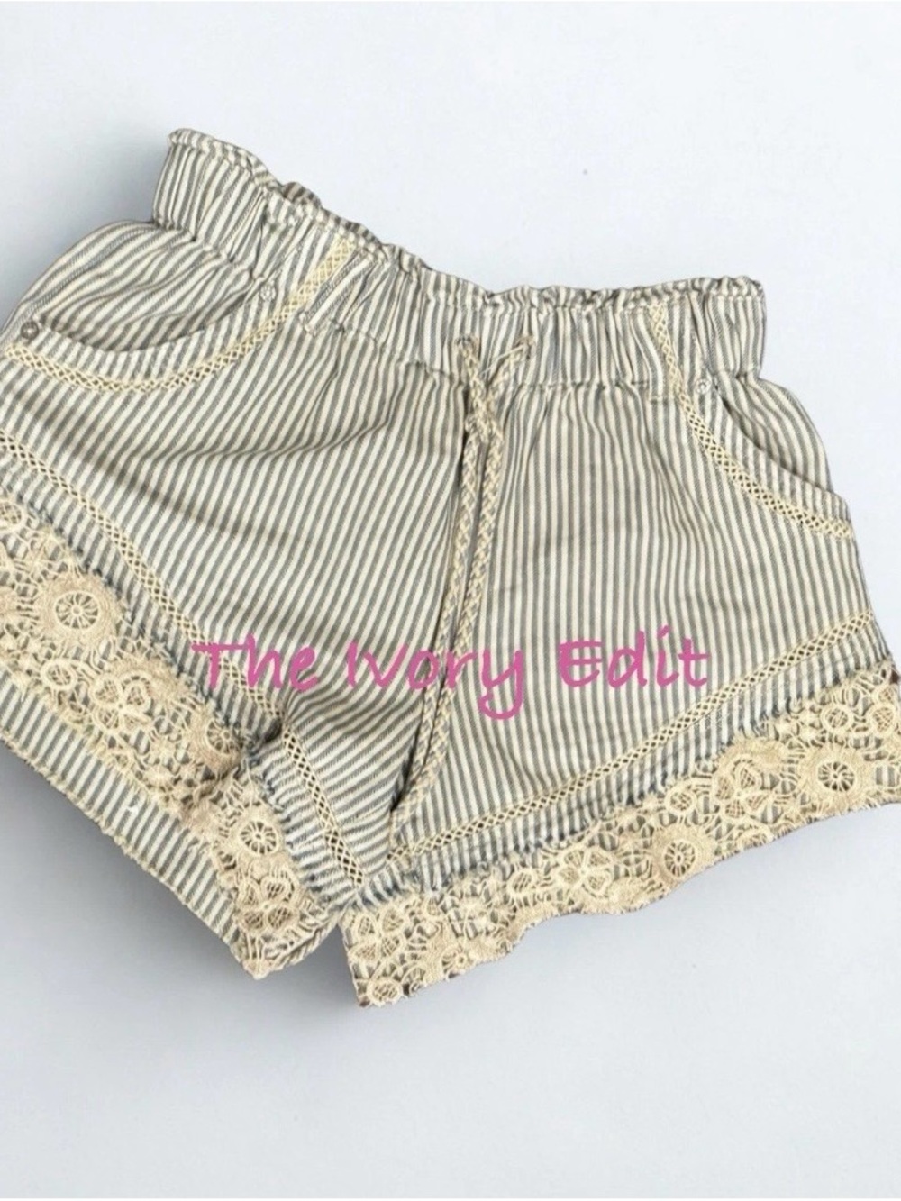 Free People Striped Lace-Trim Shorts in Cream and Gray